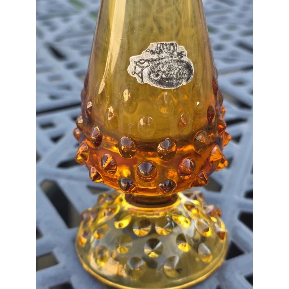 Fenton Amber Hobnail Swung Bud Vase Stretch Vintage 8.75” MCM Footed EUC